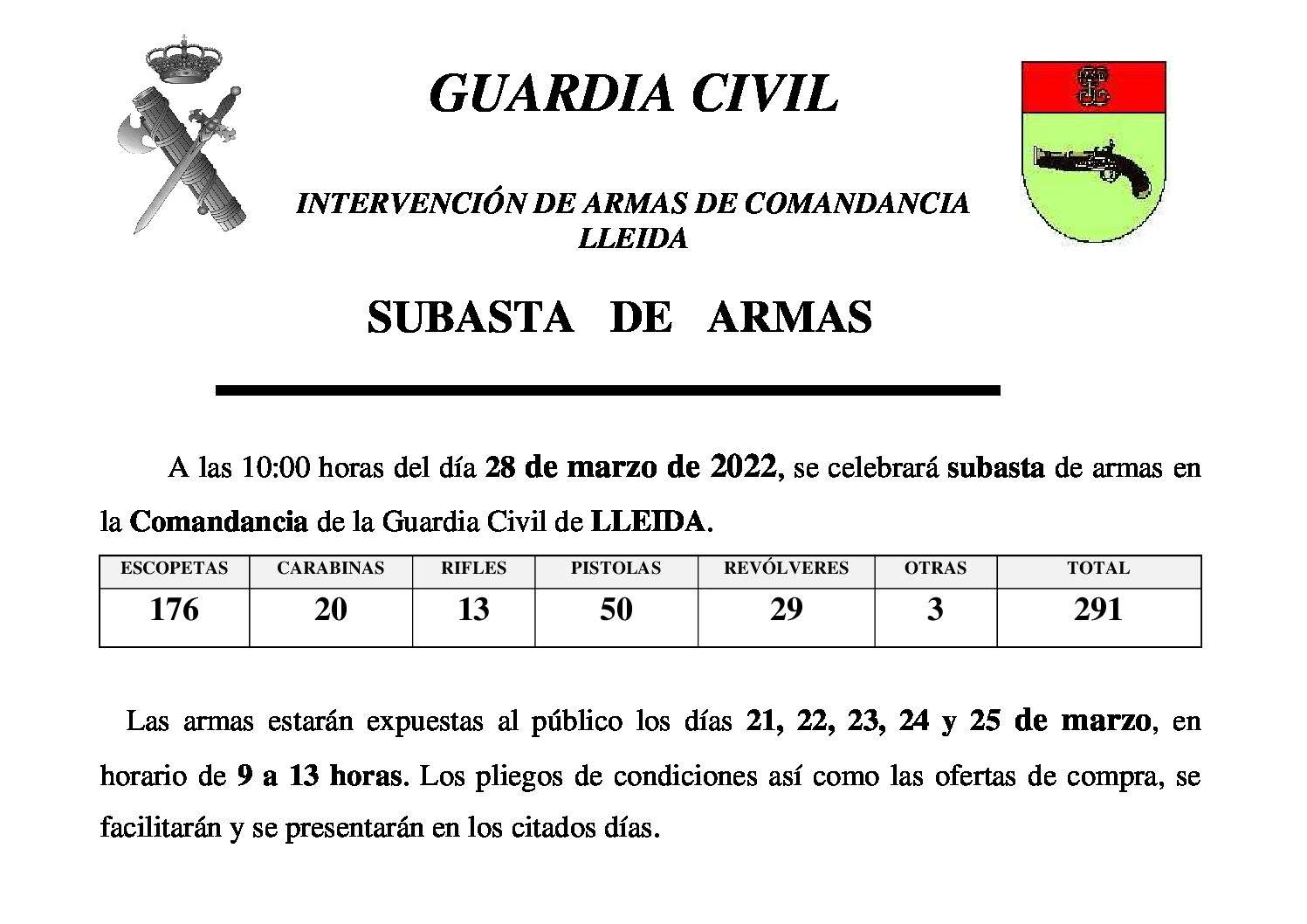 SUBASTA DE ARMAS COMANDANCIA LLEIDA – MARZO 2022